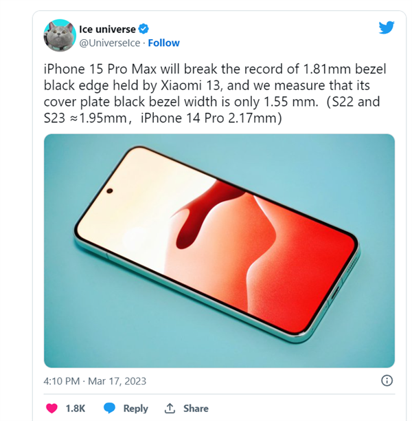 星欧注册：iPhone 15 Pro Max CAD外观渲染图曝光：最窄1.5mm将打破纪录